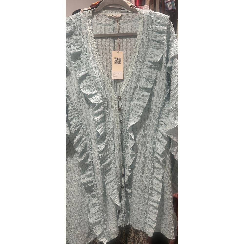 Blue Velvet Ruffle Button Front Light Blue Textured V-Neck  Tunic 9668BT S/M - Picture 2 of 6
